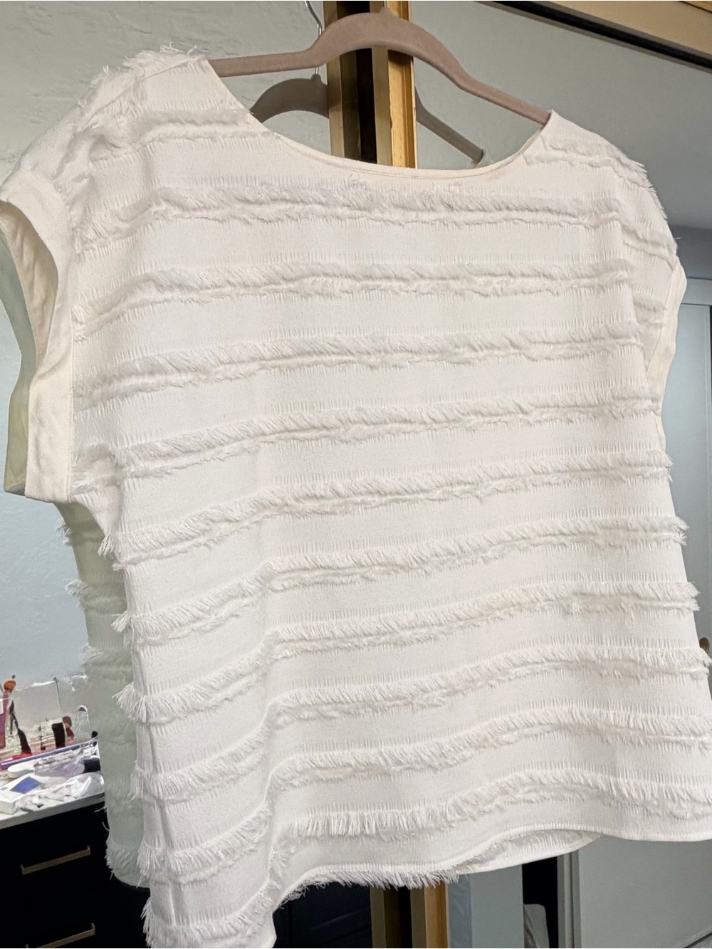 Maeve Anthropologie White Fringed Stripe Cap-Sleeve Tank